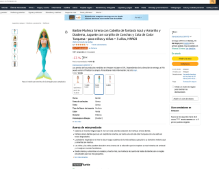 Muñeca Barbie Sirena con Cabello de fantasía Azul y Diadema Juguete con corpiño de Conchas y Cola por solo 7€