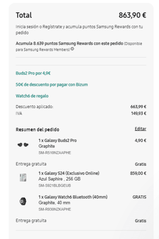 Samsung S24 de 256GB + Galaxy Buds2 Pro + Galaxy Watch6 Bluetooth por 863,90€