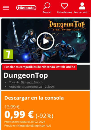 DungeonTop Nintendo Switch por 0,99€.