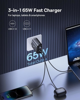 Baseus USB C-oplader, 65 W USB C voeding, 3-poorts voor €19,99 bij Amazon