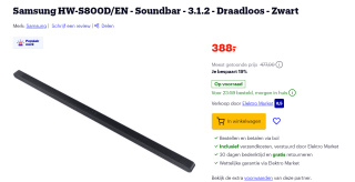 Samsung HW-S800D/EN - Soundbar - 3.1.2 - Draadloos voor €388 bij Bol