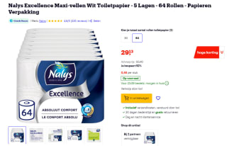 Nalys 5-laags toiletpapier 64 rollen voor €29,13 bij Bol