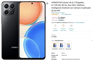 HONOR X8 6,7" 128GB a $3,999 en Amazon