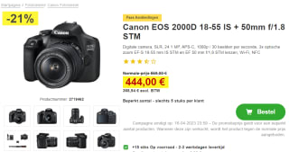 Canon EOS 2000D + 18-55mm f/3.5-5.6 + 50mm f/1.8 Zwart voor €444,44 bij Proshop