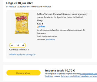 10 bolsas Ruffles Yorkeso, Patatas Fritas con sabor a jamón y queso 150gr por 10,70€