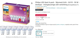Philips energiezuinige LED Spot - 50 W - GU10 - warmwit licht - 6 stuks voor €13,99 bij Amazon