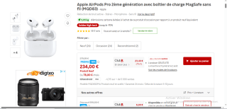 Apple AirPods Pro 2ème génération avec boîtier de charge MagSafe sans fil (MQD83) à 234€