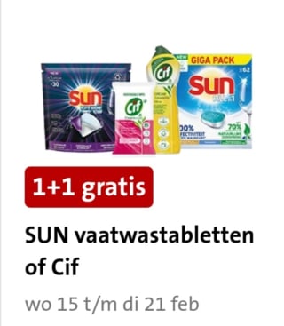 SUN vaatwastabletten of Cif 1+1gratis bij Jumbo