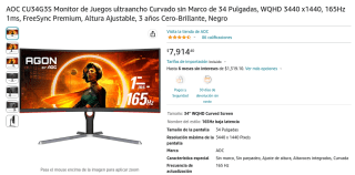 Monitor AOC CU34G3S 34'' a $7,914 en Amazon