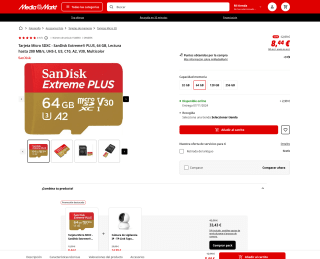 Tarjeta Micro SDXC SanDisk Extreme PLUS 64 GB Lectura hasta 200 MB/s UHS-I U3 C10 A2 V30 Multicolor por solo 8,44€