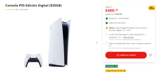 Consola PS5 Edición Digital (825GB) + Tarjeta PlayStation Store 20€ por 409€