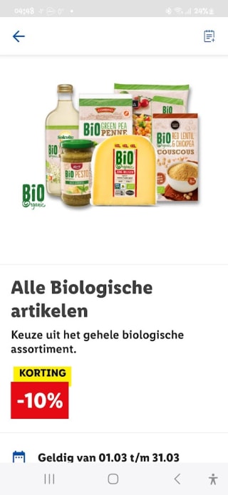 10% korting op alle biologische artikelen bij de Lidl