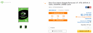 Disco Interno Seagate Barracuda 3.5'' 8TB por $2,319 en CyberPuerta