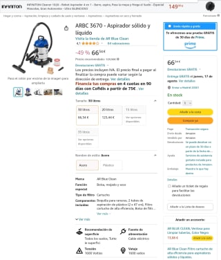ARBC 3670 Aspirador sólido y líquido por 66,34€