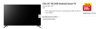Chic 55” 4K UHD Android Smart TV Resolutie 3840 x 2160 voor €299 bij de Lidl
