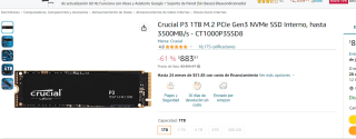 SSD Crucial P3 1TB M.2 PCIe Gen3 NVMe por $884