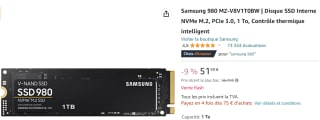 Carte SSD interne M.2 NVMe Samsung 980 à 51,99€
