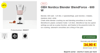 OBH Nordica Blendforce Wit 1,25 l Tafelblender 600 W voor €34,90 bij Proshop