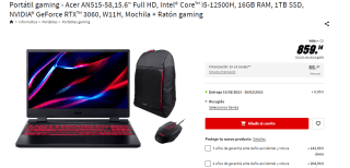 Portátil Acer AN515-58, FullHD + mochila y ratón gaming por 859.14€