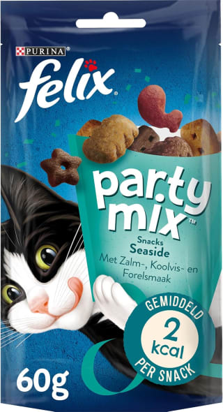 8 x Felix Party Mix Seaside zalm-, koolvis-, forelsmaak kattensnoep 60 gr voor €4,69 bij Amazon
