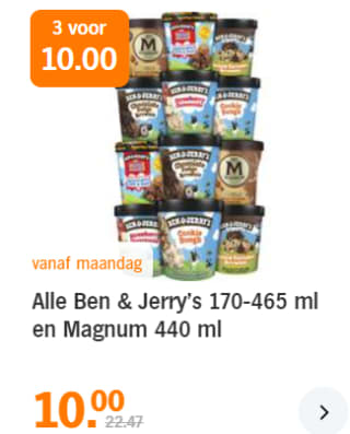 Alle Ben & Jerry's 170-465 ml en Magnum 440 ml, 3 voor €10 bij de AH