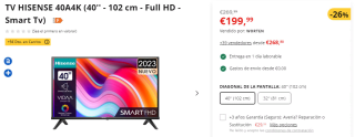 Televisión 40 pulgadas HISENSE 40A4K por 194,99€