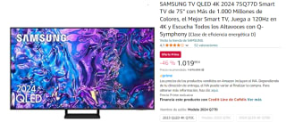Smart TV de 75" SAMSUNG TV QLED 4K 2024 75Q77D por 1019.99€
