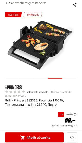 Grill Princess 112316 1500 W Temperatura maxima 215 °C por 59€