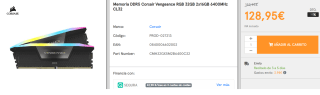 Memoria DDR5 Corsair Vengeance RGB 32GB 2x16GB 6400MHz CL32 por 128.95€