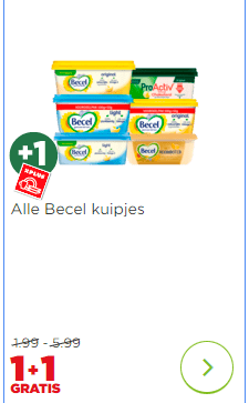 Alle Becel kuipjes 1+1 gratis bij de Plus