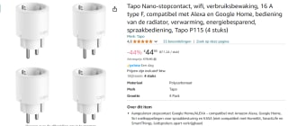 TP-Link Tapo P115 Mini Smart Wi-Fi Stopcontact, 4 stuks voor €44,95 bij Amazon