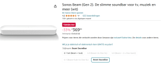 Sonos Beam (Gen 2) - Soundbar voor TV - Wit voor €369 bij Amazon