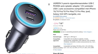 UGREEN 3-poorts sigarettenaansteker USB C PD30W auto-oplader adapter voor €14,99 bij Amazon