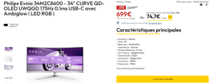 Ecran PC 34" Philips Evnia 34M2C8600 à 699€