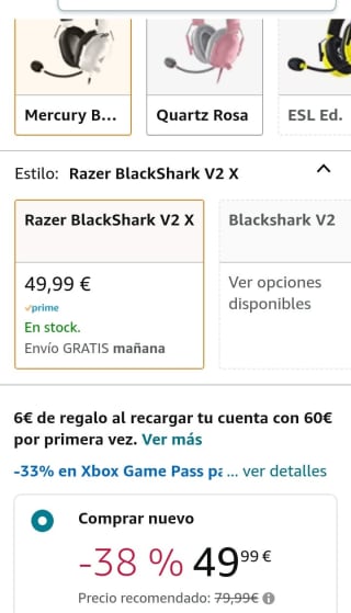 Headset gaming Razer BlackShark V2 X Blanco por 49,99€.
