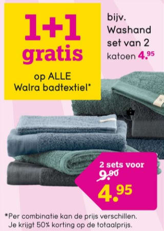 1+1 gratis op alle Walra badtextiel bij Leen Bakker