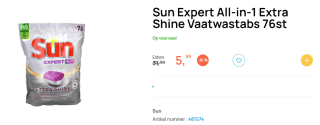 Sun Expert All-in-1 Extra Shine Vaatwastabletten 76st voor €5,99 bij Butlon