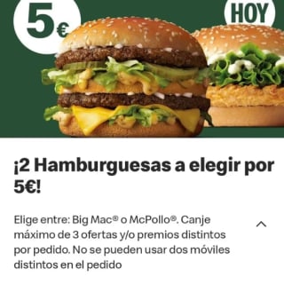 McDonalds 2 hamburguesas por solo 5€