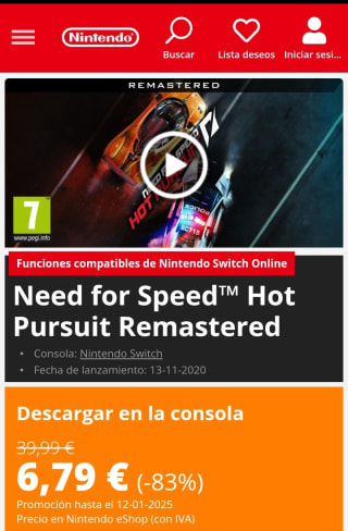 Need for Speed Hot Pursuit Remastered Nintendo Switch por 6,79€.