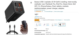 Baseus USB C-oplader, 65 W GaN 6 voor €25 bij Amazon