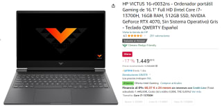 Ordenador portátil Gaming de 16.1" Full HD HP VICTUS 16-r0032ns - por 1449€