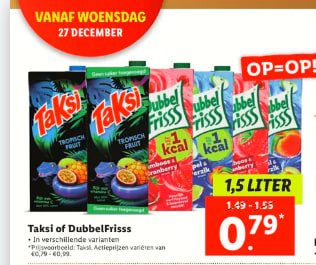 Taksi of Dubbelfris 1,5 liter pak voor €0,79 bij de Lidl