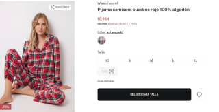 Pijama camisero de cuadros rojo 100% algodón para Mujer por 10.99€