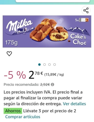 Milka Cake & Choc Bizcocho con Pepitas de Chocolate 185g por 1,85€.