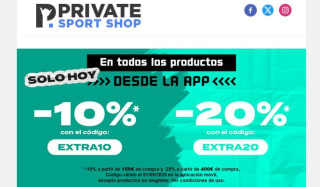 20% dto y 10% dto según importe de comra desde Private Sport desde La APP