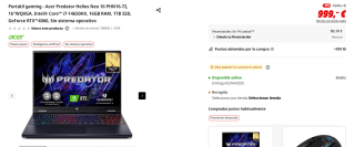 Portátil gaming Acer Predator Helios Neo 16 PHN16-72, 16"WQXGA, Intel Core i7-14650HX, 16GB RAM, 1TB SSD, GeForce RTX 4060 por 999€