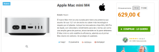 Apple Mac mini M4 256GB por 629€
