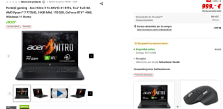 Portátil gaming Acer Nitro V 15 ANV15-41-R7T6, 15.6" Full-HD, AMD Ryzen 7 7735HS, 16GB RAM, 1TB SSD, GeForce RTX 4060 por 999€
