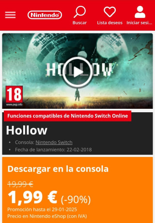 Hollow Nintendo Switch por 1,99€.