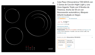 Placa Vitrocerámica Cata TZD 603/G con 3 Zonas de Cocción Hight Light y una Zona Gigante Triple con 9 Niveles de Potencia por 115€